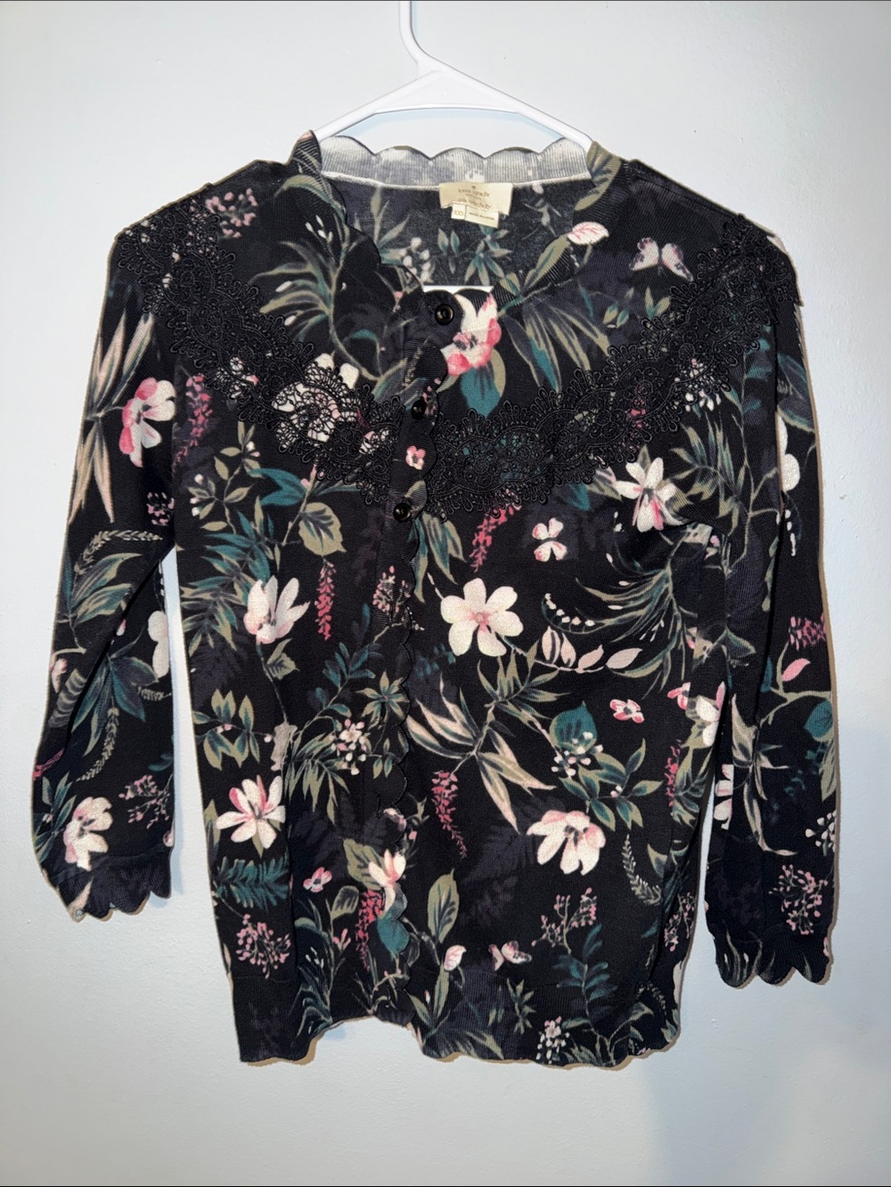 kate spade Black Floral Long-Sleeve Button Top with Lace Trim - Picture 1 of 5
